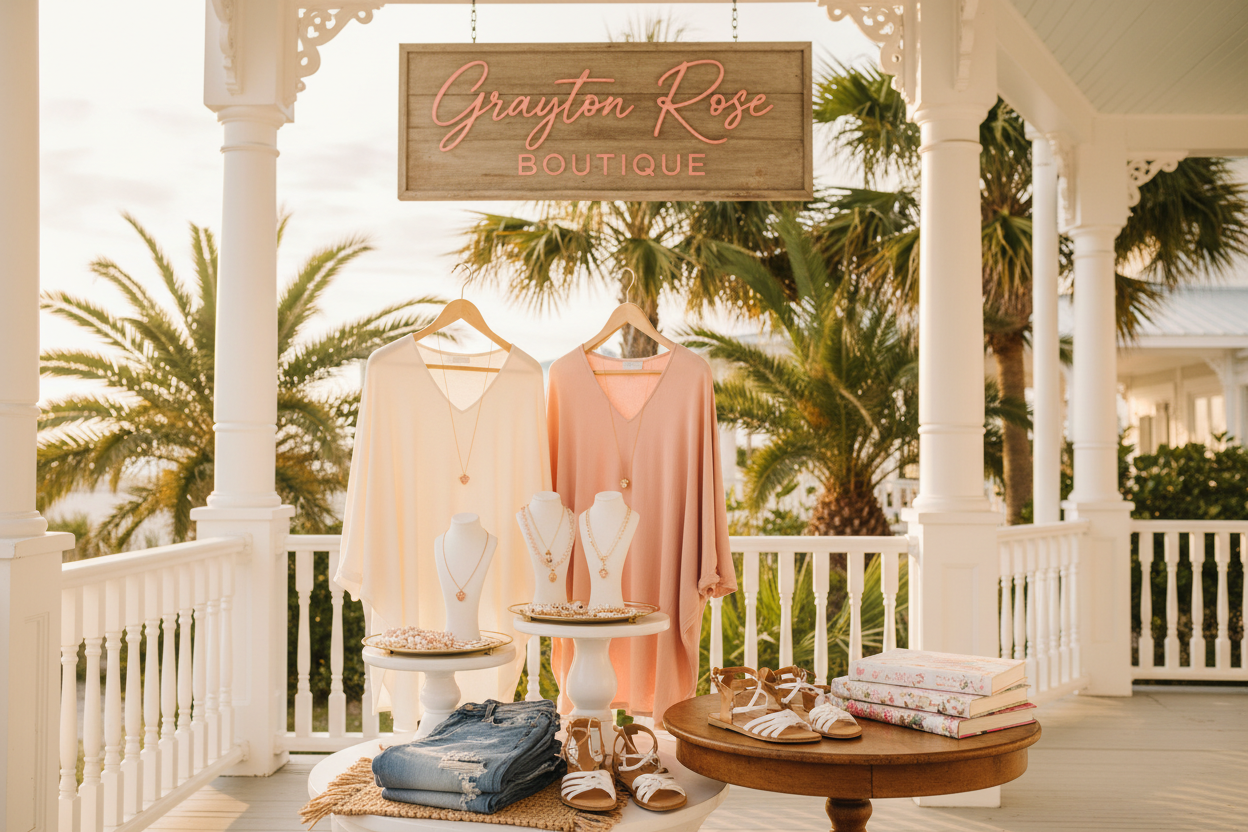 Grayton Rose Boutique in pink letters showing clothes up close southern palm trees casual tops jeans sandals jewlery books southern porch